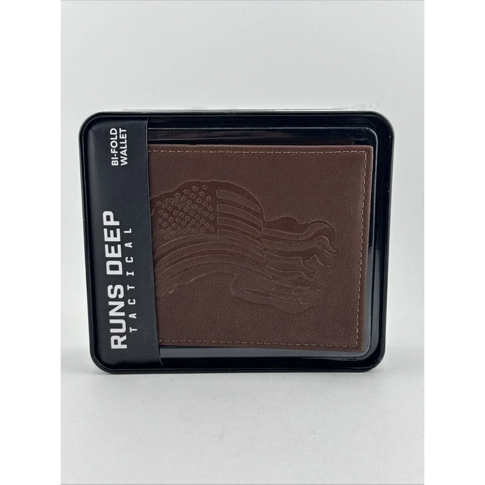 Runs Deep Tactical Men's Brown Bifold Wallet USA Flag Military Theme
